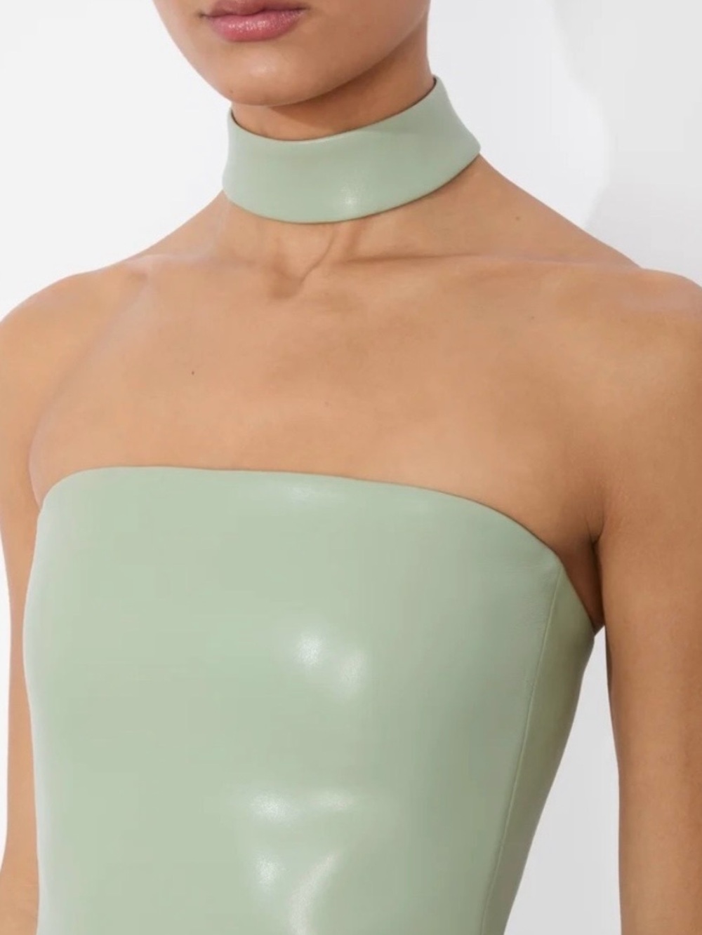 Alice + Olivia Vegan Leather Sage Green Strapless Midi Dress with Choker - Picture 4 of 12